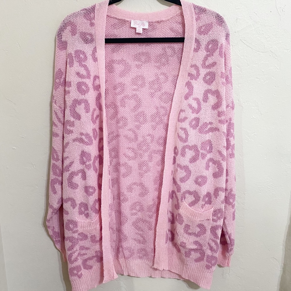 Pink Lily Long Sleeved Pink Cheetah Print Knit Cardigan With Pockets Siz…